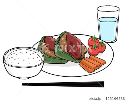 ピーマンの肉詰め定食のイラスト ピーマンの肉詰め定食のイラスト 123196288