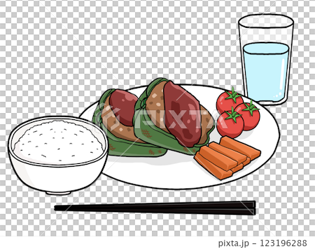 ピーマンの肉詰め定食のイラスト ピーマンの肉詰め定食のイラスト 123196288