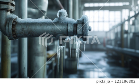 A frosted a faucet with icicles in a cold industrial room Environment 123196802