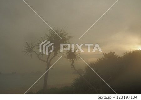 靄に霞む夕景の阿真ビーチ　沖縄の風景 123197134