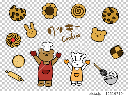 クマとウサギのクッキー作りイラストセット クマとウサギのクッキー作りイラストセット 123197194