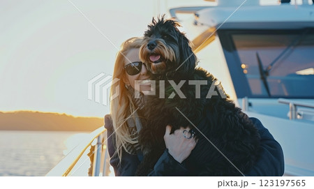Caucasian female adult hugging dog on boat at sunset 123197565