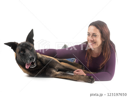 malinois and owner in studio 123197650