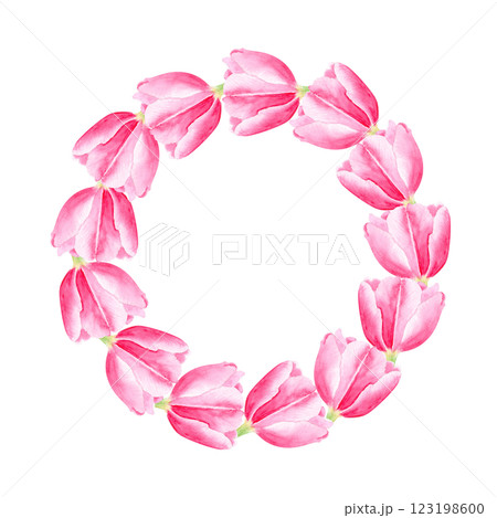 Tulip watercolor wreath isolated on white. Hand painted delicate pink flowers, eco design. High quality clip art perfect for mother's, women's day cards, posters, banners, female products decor and Tulip watercolor wreath isolated on white. Hand painted delicate pink flowers, eco design. High quality clip art perfect for mother's, women's day cards, posters, banners, female products decor and 123198600