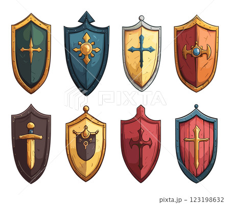 Medieval Shields Icons Set Historic Shields with Knights Crest Icon Set Armored Shield Designs Medieval Shield Shapes with Heraldic Symbols Old-Fashioned Shields with Coat of Arms 123198632