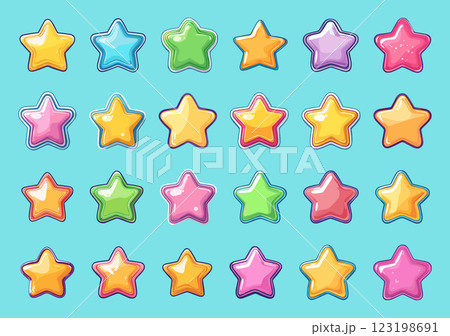 Colorful Stars Flat Style Set Bright Star set Decorative Elements Colorful Sparkles Night Sky Vector Design Fun Shapes Radiant Stellar Icons 123198691