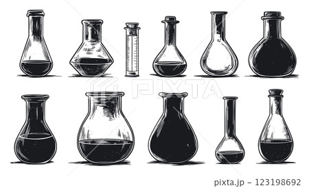 Chemistry Labware Element Kit Icons Set Black And White Block Prints Linocut Style Scientific Equipment Beaker Flask Test Tube Retort Bottles Distillation Apparatus Experimental 123198692