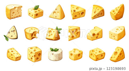 Cheese Pieces Icons Set Cartoon Style Sliced Cheese Wedges Dairy Icons Fun Illustrations Different Varieties Cheese Blocks Cartoonish Dairy Products 123198693