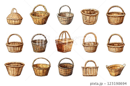 Cartoon Wicker Baskets Picnic Basket Icons Set Handwoven Baskets Food Storage Baskets Outdoor Picnic Icons Fun Illustrations Different Basket Designs 123198694