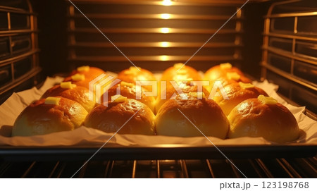 Golden baked rolls rising in an oven with warm lighting and topped with butter 123198768