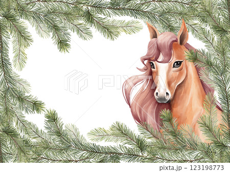 Hand drawn horse illustration with fir branches. 123198773