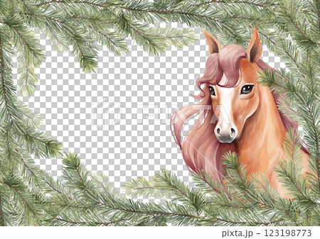 Hand drawn horse illustration with fir branches. 123198773