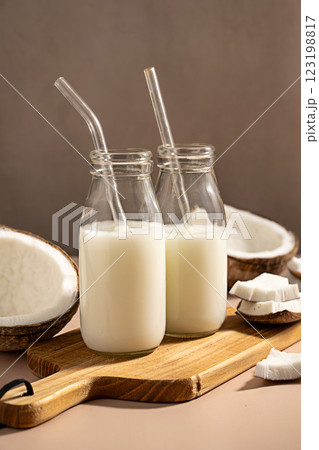 Fresh coconut milk, plant based vegan alternative milk 123198817