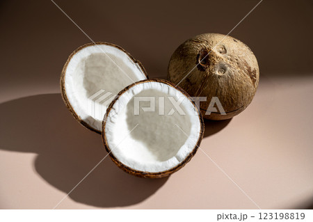 Fresh coconuts halves, copy space 123198819