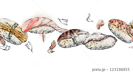 Traditional Japanese food, nigiri sushi with raw fish tuna salmon unagi shrimp, tamagoyaki tako octopus, hand drawn in watercolor, ink. Seamless banner for restaurant, cafe menu, kitchen, recipe book Traditional Japanese food, nigiri sushi with raw fish tuna salmon unagi shrimp, tamagoyaki tako octopus, hand drawn in watercolor, ink. Seamless banner for restaurant, cafe menu, kitchen, recipe book 123198855