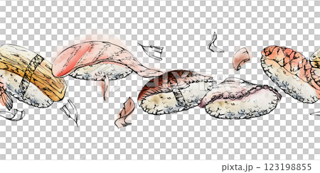 Traditional Japanese food, nigiri sushi with raw fish tuna salmon unagi shrimp, tamagoyaki tako octopus, hand drawn in watercolor, ink. Seamless banner for restaurant, cafe menu, kitchen, recipe book Traditional Japanese food, nigiri sushi with raw fish tuna salmon unagi shrimp, tamagoyaki tako octopus, hand drawn in watercolor, ink. Seamless banner for restaurant, cafe menu, kitchen, recipe book 123198855