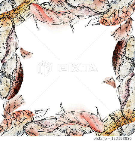 Traditional Japanese food, nigiri sushi with raw fish tuna salmon unagi shrimp, tamagoyaki tako octopus, hand drawn in watercolor, ink. Square border frame. Restaurant, cafe menu, kitchen, recipe book 123198856