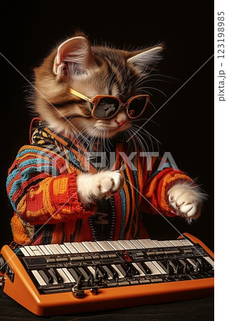cat kitten funky disco music character isolated on black background playing keyboards 123198985