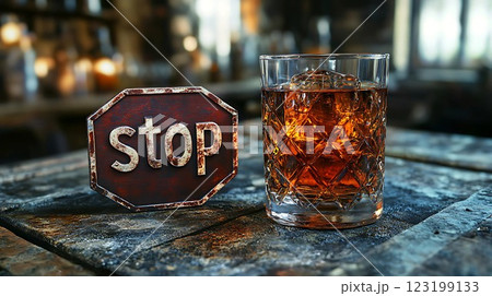 glass of whiskey with ice cubes 123199133