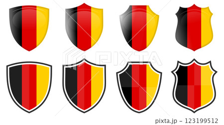 Vertical German flag in shield shape, four 3d and simple versions. Germany icon / sign 123199512