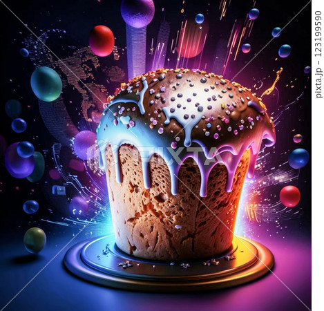 Slavic baked paska with colored eggs. Easter holiday. Rich in colors, beautifully decorated isolated beautiful baked Easter cake. 123199590