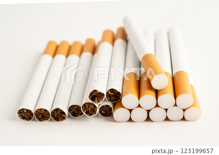 Cigarette, roll tobacco in paper with filter tube, No smoking. Cigarette, roll tobacco in paper with filter tube, No smoking. 123199657