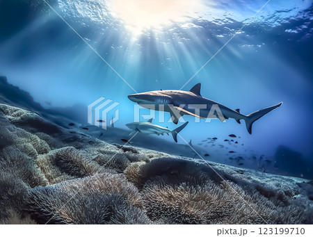 海中を泳ぐサメのイメージ素材 123199710