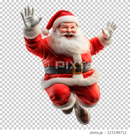 Santa Claus jumping joyfully with arms raised, dressed in a traditional red suit with white fur trim and a green belt, isolated on a transparent background. 123199712