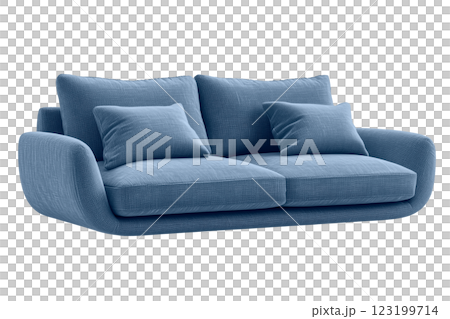 Modern blue fabric sofa with soft cushions, isolated on a transparent background. Comfortable and stylish furniture for home interiors, living rooms, and lounge areas. Modern blue fabric sofa with soft cushions, isolated on a transparent background. Comfortable and stylish furniture for home interiors, living rooms, and lounge areas. 123199714