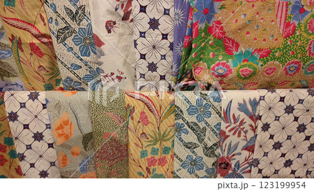 Batik indonesian silk cotton fabric tissue for sale on display at the market Batik indonesian silk cotton fabric tissue for sale on display at the market 123199954