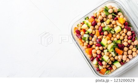 A high-protein bean salad in a minimalist glass lunchbox, featuring lentils, chickpeas, and vegetables for a balanced, healthy meal. 123200029
