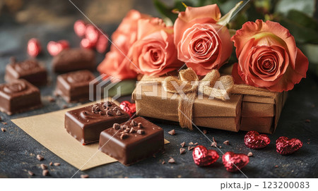 A romantic Valentine setup featuring elegant peach roses, heart-shaped chocolates, a beautifully wrapped gift with a golden bow, and glittering red hearts on a textured dark surface. 123200083