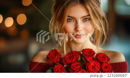 A captivating Valentine portrait of a woman with radiant eyes and a warm smile, holding a vibrant bouquet of red roses, set against a softly blurred background with glowing warm bokeh lights. 123200087