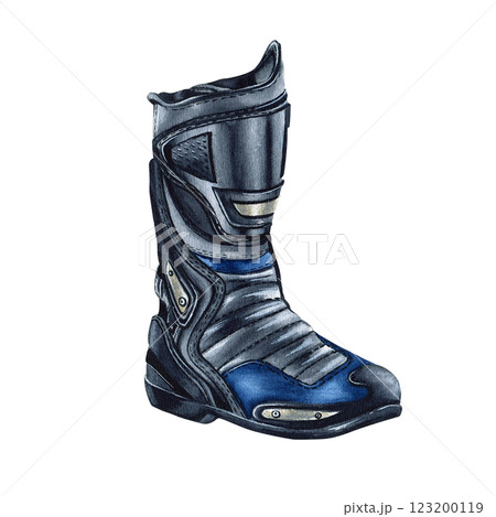 Right motorcycle boot. Moto footwear. Leg protection for biker. Moto gear attributes. Watercolor illustration isolated from the background. For motorcycle online store web design, road safety article Right motorcycle boot. Moto footwear. Leg protection for biker. Moto gear attributes. Watercolor illustration isolated from the background. For motorcycle online store web design, road safety article 123200119