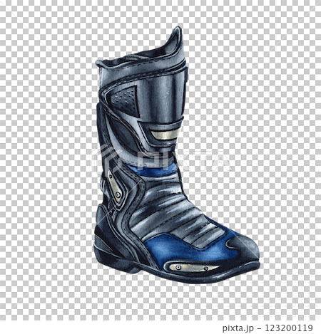 Right motorcycle boot. Moto footwear. Leg protection for biker. Moto gear attributes. Watercolor illustration isolated from the background. For motorcycle online store web design, road safety article Right motorcycle boot. Moto footwear. Leg protection for biker. Moto gear attributes. Watercolor illustration isolated from the background. For motorcycle online store web design, road safety article 123200119