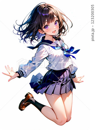 ジャンプするセーラー服の女の子 123200305