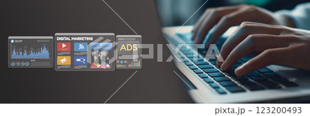 Engaging Digital Marketing Strategies for Social Media Advertisements with Hands Typing on Laptop XDMCP 123200493