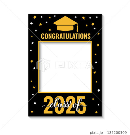 Class of 2025 photo booth frame isolated on white. Graduation party photobooth props. Grad celebration selfie frame.  Vector template. 123200509