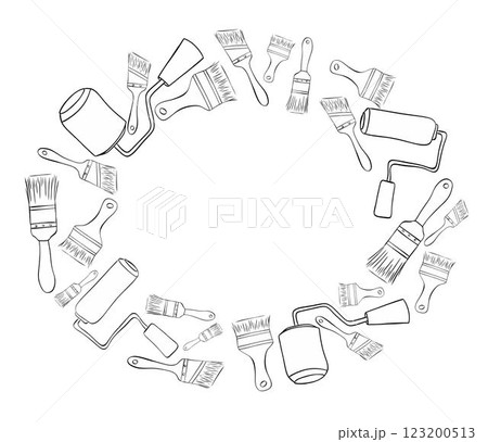 Painter tools oval Frame with graphic line ink vector Paint brushes and rollers.  Black and white illustration with painting and drawing tools.  123200513