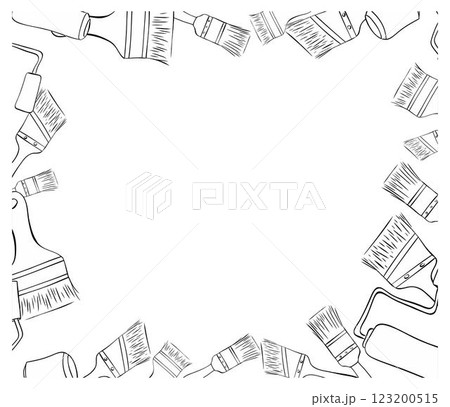 Painter tools brushes and rollers rectangle frame. White graphic ink outline on a transparent background. Template. Mock up 123200515