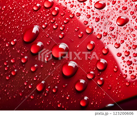 水滴と撥水加工された自動車のボンネットのイメージ素材 赤色 水滴と撥水加工された自動車のボンネットのイメージ素材 赤色 123200606