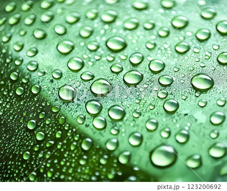 水滴と撥水加工された自動車のボンネットのイメージ素材 緑色 水滴と撥水加工された自動車のボンネットのイメージ素材 緑色 123200692