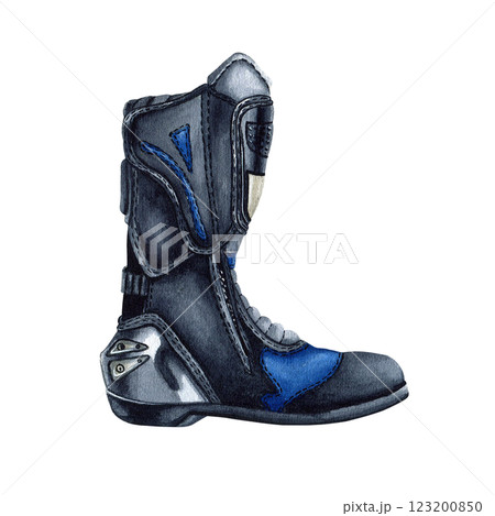 Left motorcycle boot. Motobots. Leg protection for motorcyclist. Moto gear accessory. Watercolor illustration isolated from the background. For motorcycle online store web design, road safety leaflet 123200850