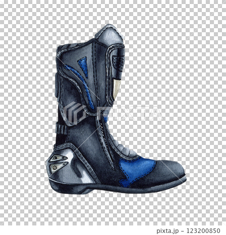 Left motorcycle boot. Motobots. Leg protection for motorcyclist. Moto gear accessory. Watercolor illustration isolated from the background. For motorcycle online store web design, road safety leaflet 123200850