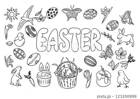 Hand drawn Easter coloring page with bunnies Hand drawn Easter coloring page with bunnies 123200999