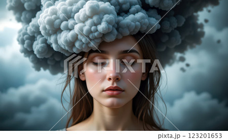 serene woman with closed eyes, surrounded by cloud of gray smoke, evokes sense of calm and introspection 123201653