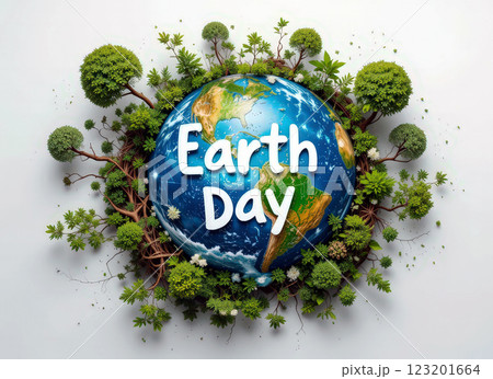 Earth Day celebration with globe surrounded by greenery and plants Earth Day celebration with globe surrounded by greenery and plants 123201664