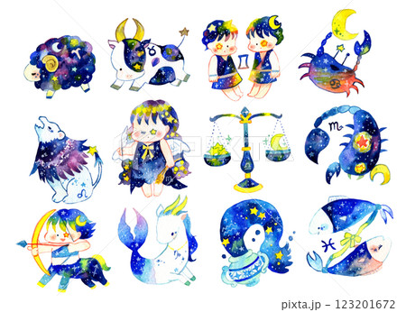 水彩タッチの12星座のイラスト 123201672
