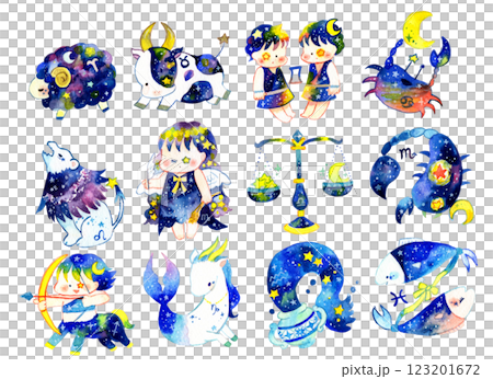 Watercolor illustrations of the 12 constellations 123201672