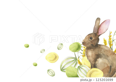 Easter bunny with colorful eggs watercolor banner. Hand drawn spring frame with hear decorated with flowers and egg for festive invitation, poster, product packing design 123201699